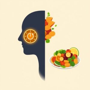 A split screen illustration showing a human silhouette with a glowing internal biological clock on one side, and a healthy plate of colorful, balanced food on the other side, soft warm lighting, scientific infographic style, clean aesthetic, high resolution, minimalist design