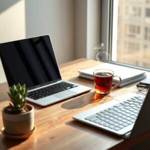 A professional, calm, and organized workspace with a clean wooden desk, a laptop, a steaming cup of herbal tea, and a small potted succulent in the soft, warm glow of morning sunlight, high-quality photography, minimalist aesthetic, professional atmosphere, 8k resolution.