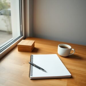 A clean, minimalist wooden desk with a single notebook, a pen, and a cup of coffee, soft natural morning light filtering through a window, calm and productive atmosphere, high resolution, professional photography.