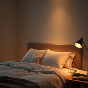 A calming, minimalist bedroom scene at dusk with soft, warm amber lighting, a neatly made bed with plush pillows, a wooden nightstand with a glass of water and a book, peaceful atmosphere, high resolution, photorealistic, cinematic lighting.